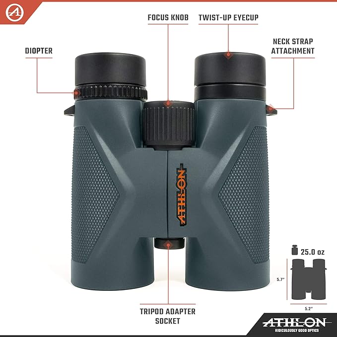 Athlon Optics 10x42 Midas UHD Gray Binoculars with Eye Relief for Adults and Kids, High-Powered Binoculars for Hunting, Birdwatching, and More