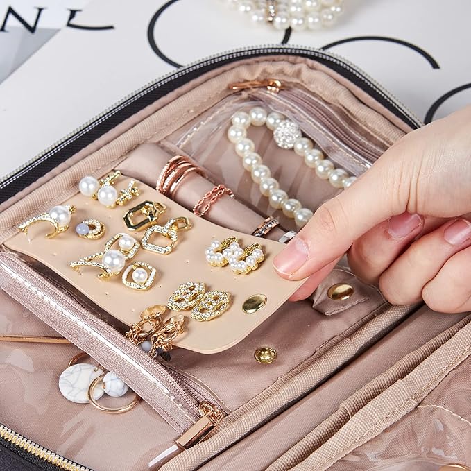 NISHEL Travel Jewelry Case, Holiday Organizer for Necklaces, Earrings, Rings, Bracelets, Watch, Black