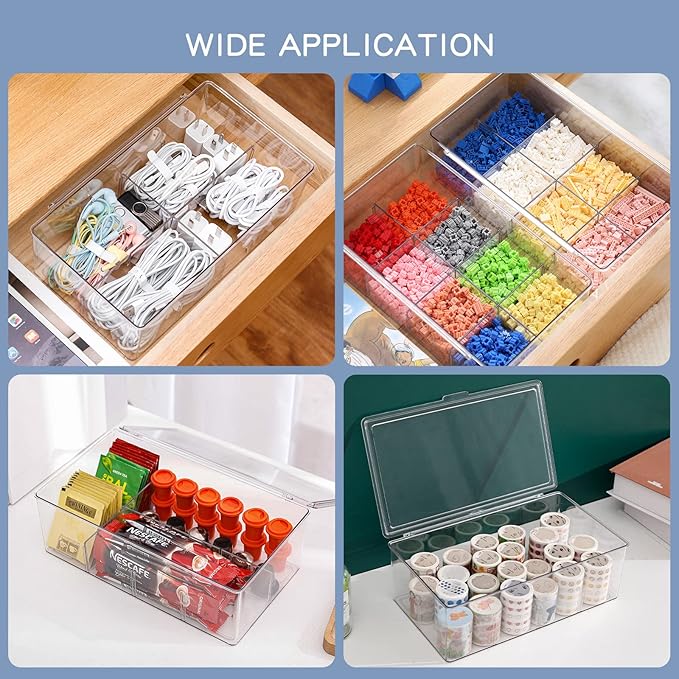 Yesesion Clear Plastic Storage Bins with Lid, Large Cable Organizer Box with Lid and 20 Wire Ties, Adjustable Electronic Cord Management Case for Desk Drawer, Home Office, Art Crafts Supply (2 PACK)