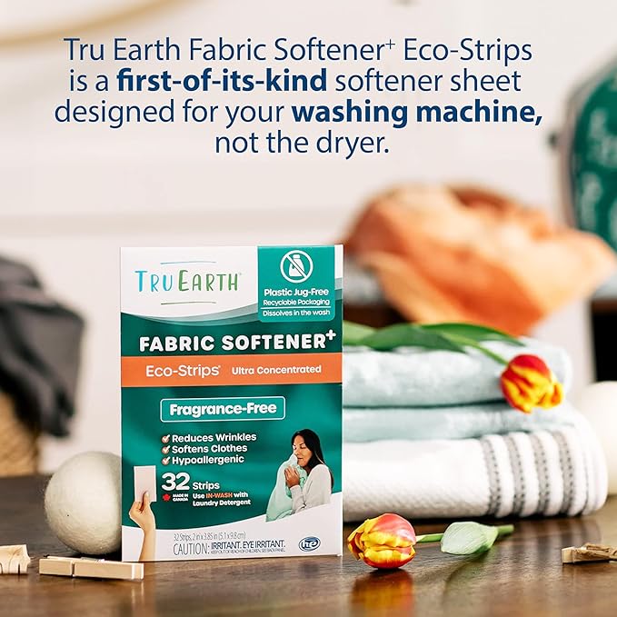 Tru Earth Fabric Softener Strips for Washing Machine, Alternative to Fabric Softener Liquid and Pods, Unscented Fragrance Free, Up to 64 Loads Per 32-Count