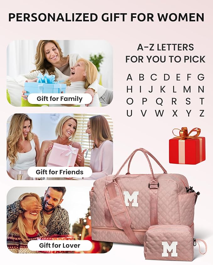Gifts for Mom-Initial Duffle Bag with Shoe Compartment, Personalized Weekender Bag, Monogram Overnight Bag, Letter Travel Bag with Makeup Bag，Personalized Gifts Idea for Women Her (Letter F)