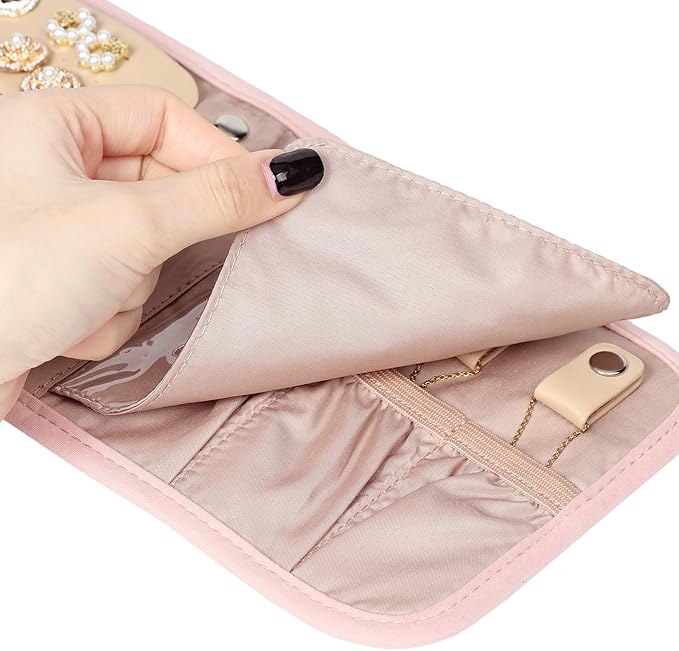 BELALIFE Travel Jewelry Case Organizer, Small Foldable Storage Roll for Earrings, Necklaces, Rings, Bracelets, Brooches, Pink