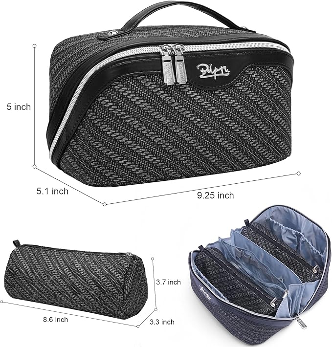 BOYATU Travel Makeup Bags for Women: Large Cosmetic Bag Waterproof - Vegan Leather Make up Bag Set of 3 - Compact Toiletry Organizer with Compartments & Handle & Divider (Z-Black)