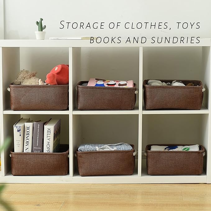 TheWarmHome Storage Basket for Organizing - 12x8x5 inch Small 6 Pack Collapsible Storage Bin for Shelves with Handles, Canves Storage Box for Cloth Closet Organizer Gift Toy (Brown)