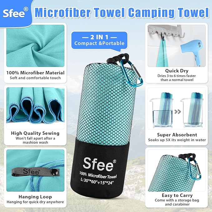 Sfee 2 Pack Microfiber Travel Towel, Quick Dry Towel Camping Towel Super Absorbent Compact Lightweight Sports Gym Towel Beach Towels Set for Gym, Hiking, Pool, Backpacking, Bath, Yoga