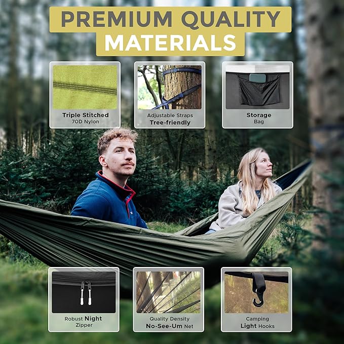 Miztli Camping Hammock -Portable Hammock w/Spacious Net & Tree Straps w/Adjustable Loops, Double and Single Hammock for Outdoor, Indoor, Hiking and Travel
