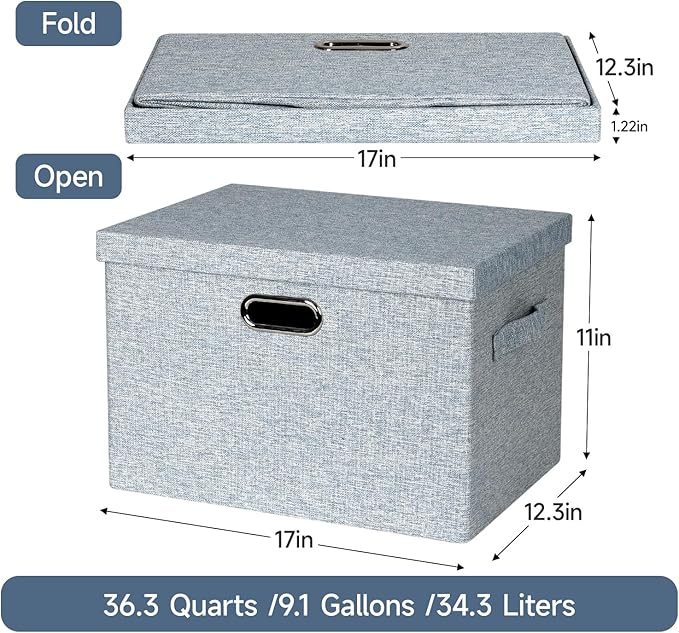 Large 17" 36 Quart Collapsible Stackable Storage Bins with Lids, 3 Packs Blue-Grey Linen Fabric Closet Boxes with Lids, Storage Cube Baskets Container Organizers for Bedroom (17x12x11)