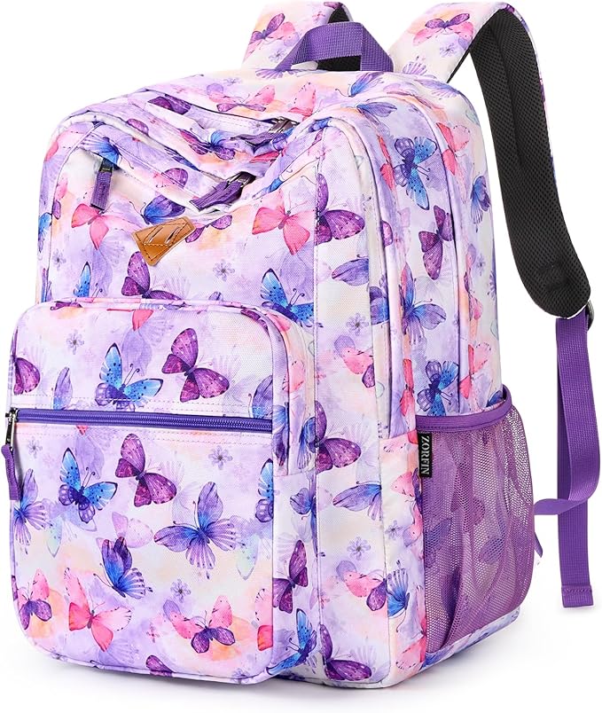 ZORFIN 26L Backpack for College, and Travel: Water Resistant Bookbag - Butterfly Purple