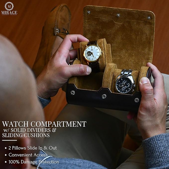 2 Watch Travel Case for Men Vegan Leather Watch Roll Case Organizer and Display - Elegant Gift - Espresso Brown Vegan Leather
