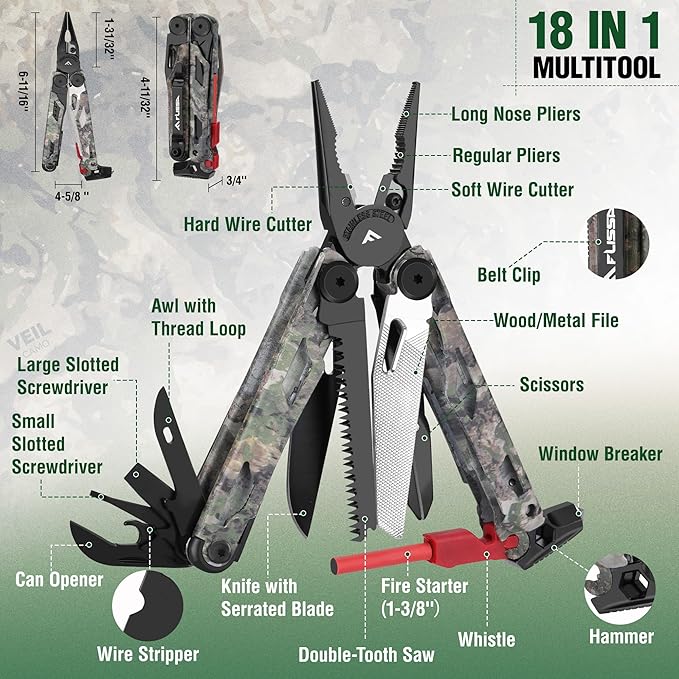 FLISSA Multitool, 18 in 1 Camo Multitool Pliers with Fire Starter, Window Breaker, Whistle, Stainless Steel EDC Gear with Sheath - Perfect for Survival, Simple Repair, Outdoor, Camping