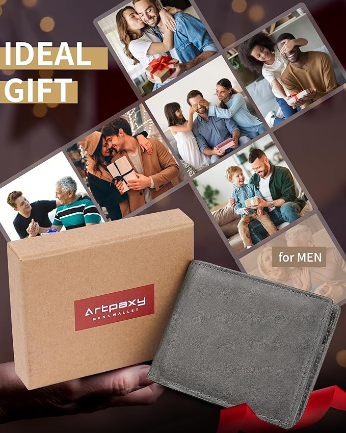Mens Wallet Bifold Genuine Leather RFID Blocking Wallet for Men with 1 ID Windows 13 Card Holders 2 cash pockets 1 Gift Box