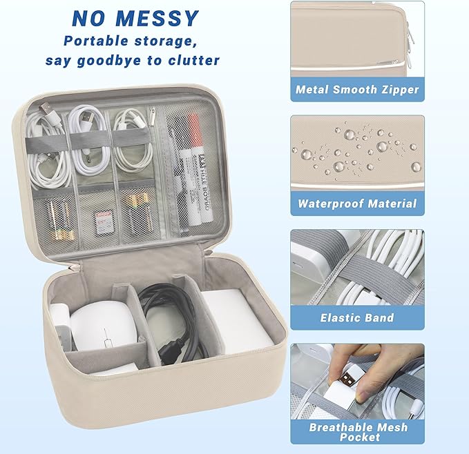 Electronics Organizer,Travel Cord Organizer Pouch, Portable Cable Organizer Bags, Waterproof Electronic Accessories Storage Case for Cables, Cords, Charger, Phone (Double Layer-Beige)