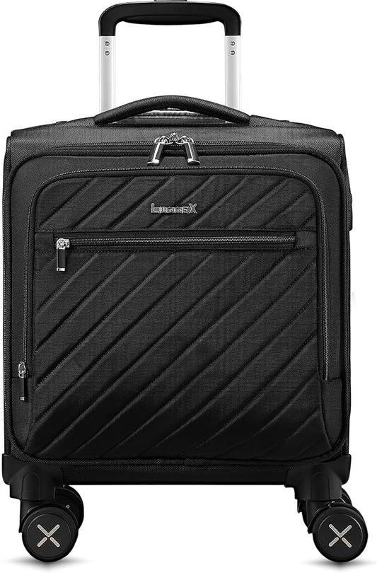 LUGGEX Carry On Luggage with Spinner Wheels - Stylish Lightweight UnderSeat Luggage - Soft Sided Small Suitcase with Front Open Design for Travel, Business (Black, 15 Inch)