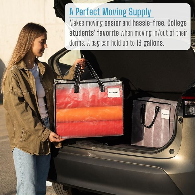 VENO 4 Pack Heavy Duty Moving Bags, Storage Bags, Packing Supplies, Top Zipper, Storage Totes for Camping, Clothes, Bedding, Comforters, Pillows (13 Gallon Clear, 4 Pack)