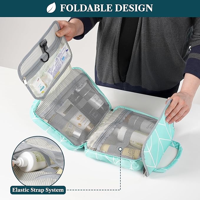 PAVILIA Hanging Toiletry Bag Travel Bag Women Men, Foldable Cosmetic Organizer, Roll up Makeup Bag, Water Resistant Accessories Toiletries, Large Travel Essentials Kit (Teal Chevron)
