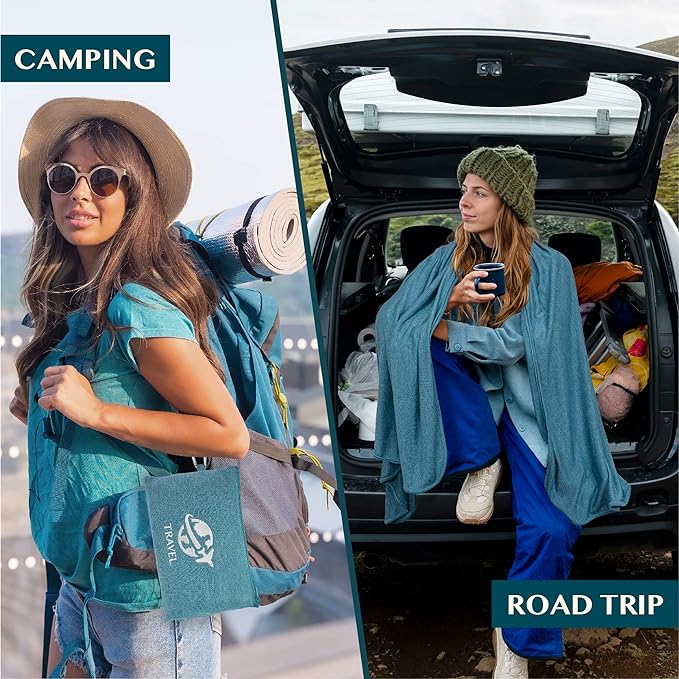 PAVILIA Travel Blanket Airplane Compact with Bag, Small Travel Pillow Blanket Long Flights, Lightweight Plane Blanket with Luggage Strap, Camping Blanket for Traveler Essentials, Teal Blue, 65x40