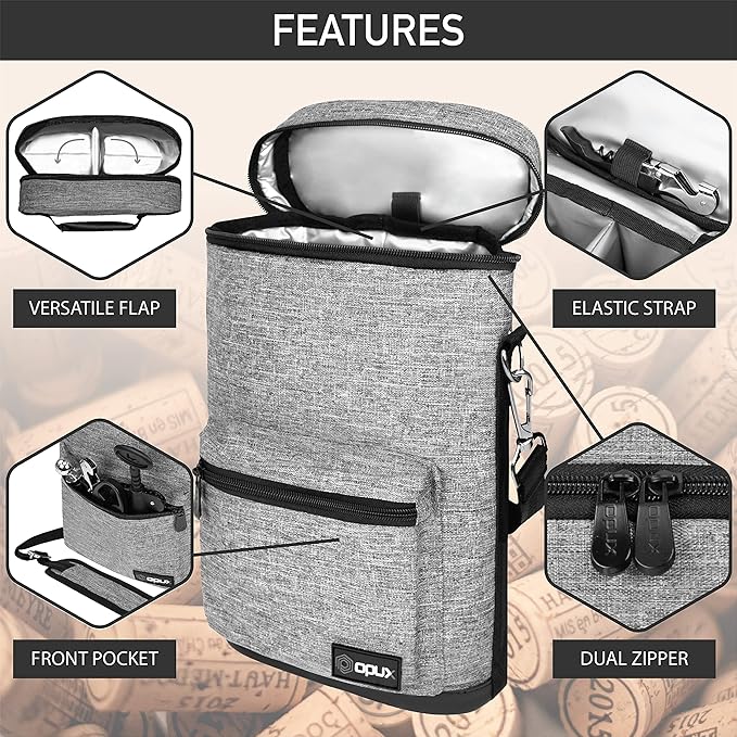 opux Wine Bag 2 Bottle Wine Tote Carrier, Insulated Wine Cooler Bag for Travel Picnic, Leakproof Portable Padded Case, Wine Gifts For Women Men Wine Lovers Christmas, Heather Gray