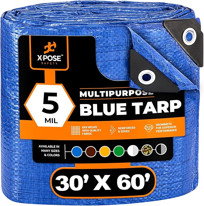 Better Blue Poly Tarp 30' x 60' - Multipurpose Protective Cover - Lightweight, Durable, Waterproof, Weather Proof - 5 Mil Thick Polyethylene - by Xpose Safety