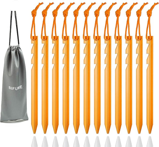 Aluminum Alloy Tent Stakes Pegs, 12-Pack Aluminum Ground Pegs with Reflective Pull Ropes, Lightweight Metal Stakes Pegs for Camping Tents Hammocks