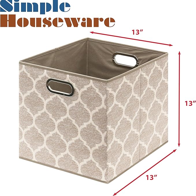 SIMPLE HOUSEWARE 13-Inch Collapsible Fabric Cube Storage Bin with Handles, Printed Design, 3 Pack, Beige