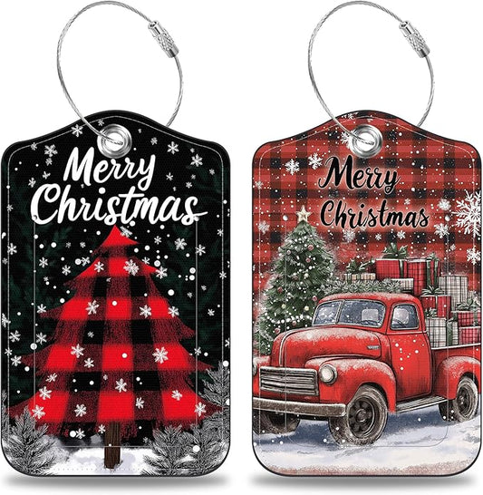 2 Pcs Red and Black Checkered Christmas Tree Luggage Tags for Suitcases PU Leather Truck Baggage Tags Name ID Label with Privacy Cover and Stainless Steel Loop for Men Women Travel Bag Suitcase