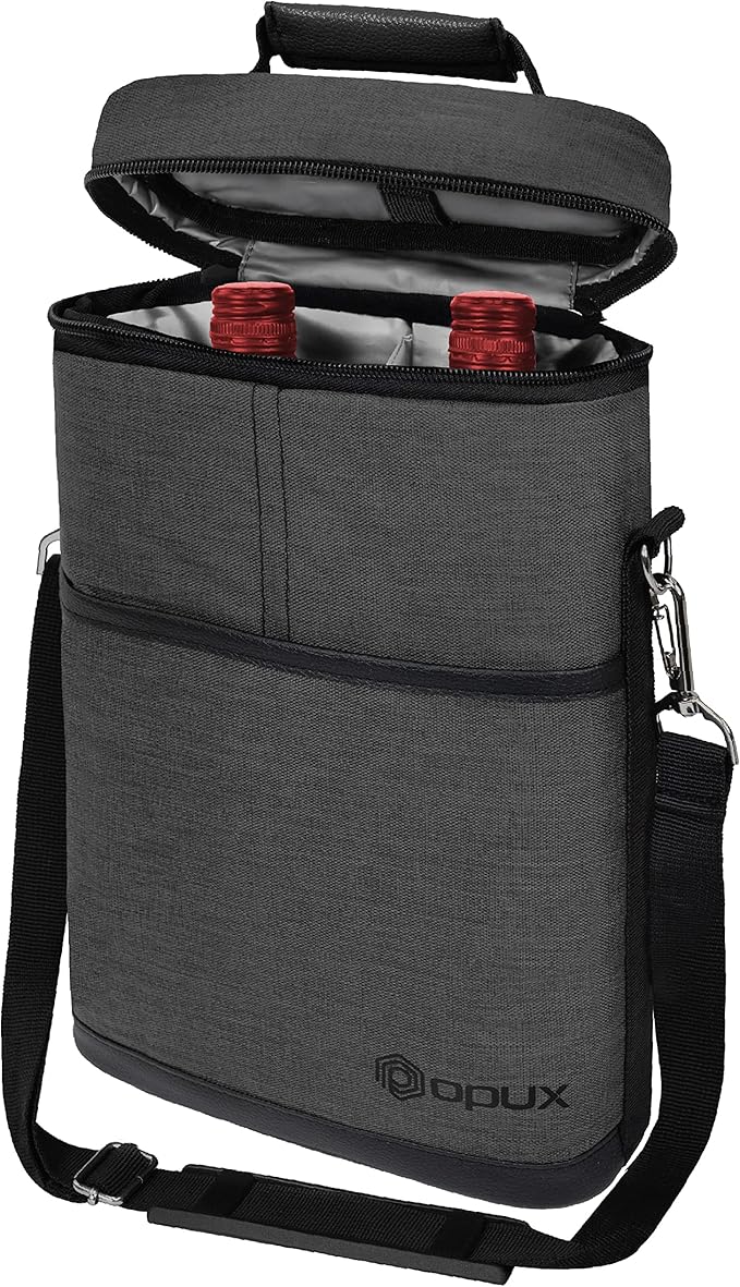 opux 2 Bottle Wine Carrier Tote, Insulated Leakproof Wine Cooler Bag, Wine Travel Bag for Picnic BYOB Beach, Portable Wine Bottle Carrying Case, Gift for Wine Lover Women Men Christmas, Charcoal Grey