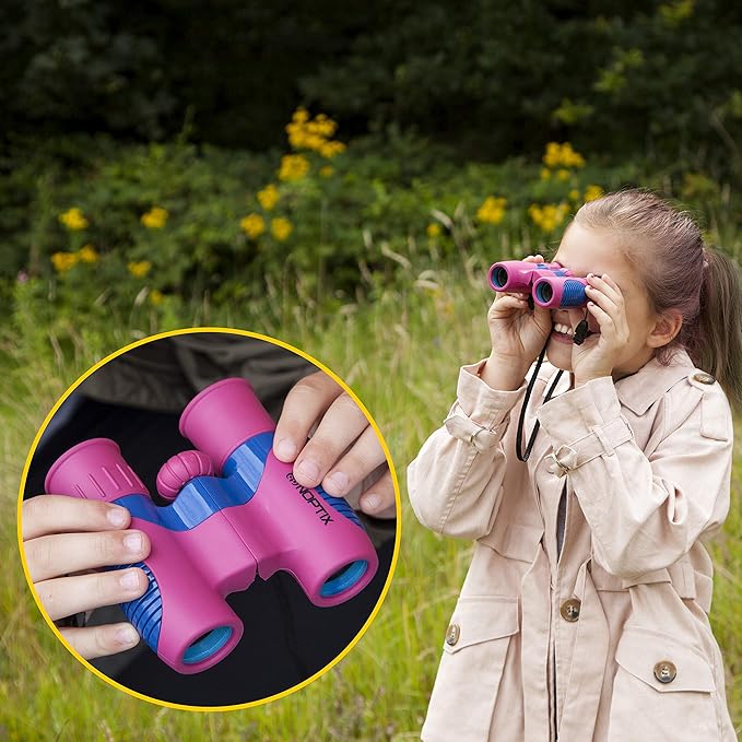 Binoculars for Kids, Girls or Boys Real Kids Binoculars in Vibrant Green Blue - Includes Sticker Book with 40 Bird Species - Small Toys for Toddlers