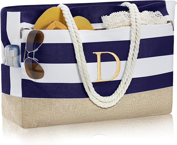 YOOLIFE Large Initial Beach Bag Waterproof Tote Zipper Bag Personalized Gifts for Women Her Birthday Travel Beach Essential