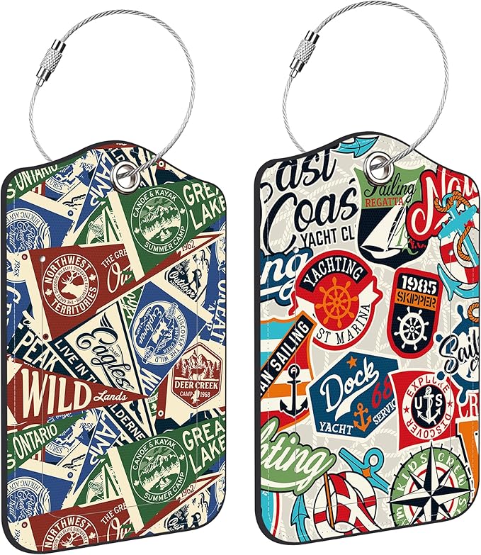 2 Pack Luggage Tag for Suitcase Nautical Patches Mountain Lake Camp Flag Leather Suitcase Tags with Privacy Name ID Label and Stainless Steel Loop for Travel Bag