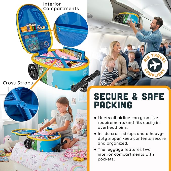 Hardshell Kids Ride-On Luggage with Scooter Suitcase – Carry-On Compliant with LED Light-Up Wheels – Fun and Functional Travel Companion for Children Ages 5–12