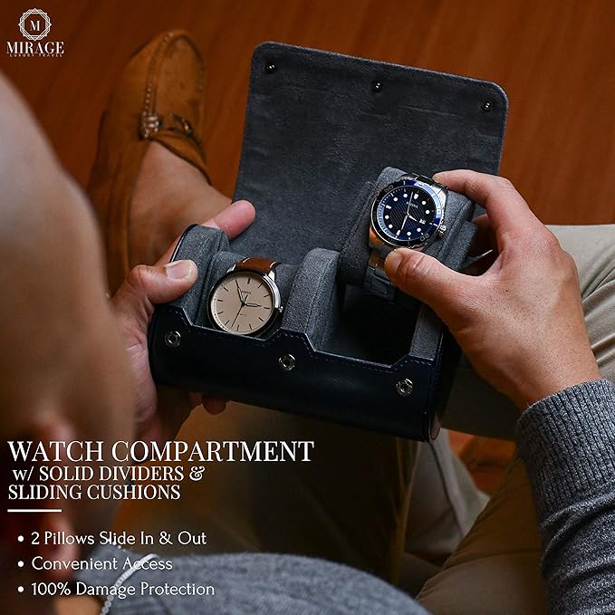 2 Watch Travel Case for Men – Watch Roll - Midnight Blue Vegan Leather