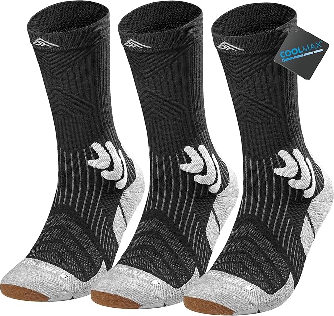 Men's Compression Running Socks: Coolmax Athletic Crew Socks Moisture Wicking Anti-Blister Cushion for Hiking 3 Pairs