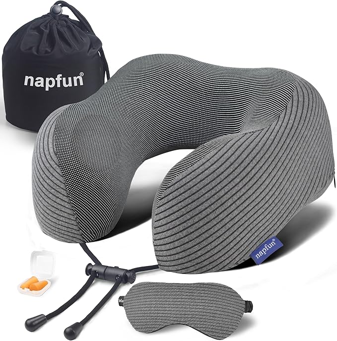 napfun Travel Pillow, 100% Pure Memory Foam Neck Pillows for Travel Airplane Headrest Flight Plane Accessories, Deep Grey, Medium (120-200LB)