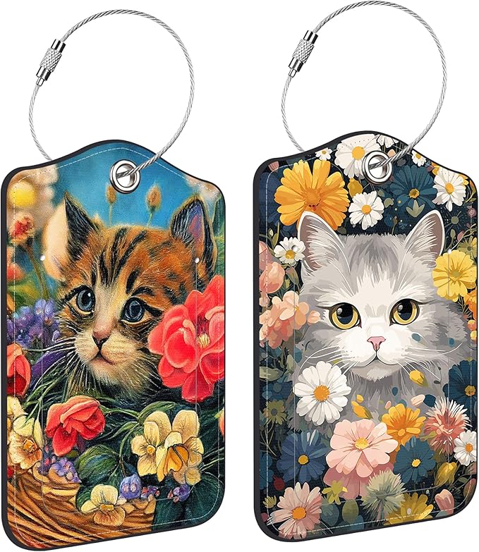2 PCS Leather Luggage Tags for Suitcase Beautiful Cat Flowers Travel Luggage Tag with Privacy Flap Name ID Label and Metal Loop for Travel Bag Suitcase