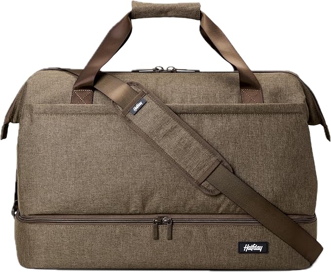 Halfday Double Decker Weekender Bag 40L | Designed for Easy Packing & Storage (Padded Strap, Zippered Bottom Compartment, Interior Mesh Pockets, Trolley Sleeve, Water-Resistant Fabric), Dune