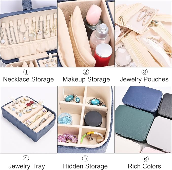 2 Layer Portable Jewelry Box, Large Jewelry Travel Case with 4 Velvet Jewelry Pouches, Medium Size Jewelry Organizer Box for Earrings, Necklaces, Bracelets (dark blue)
