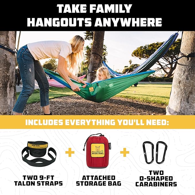 Wise Owl Outfitters Camping Hammock – 500lbs Portable Hammock with Tree Straps - Travel, Backpacking, Hiking, Outdoors Camping Gear - Single or Double