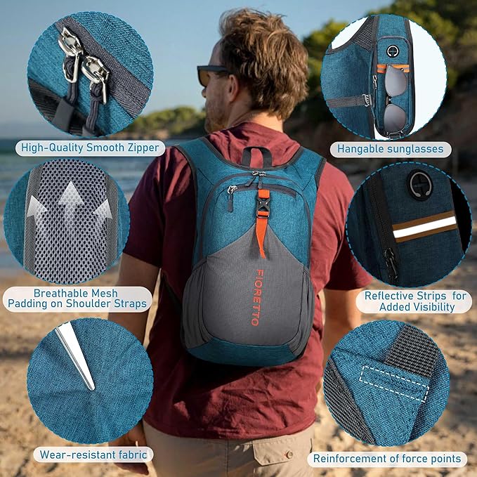 FIORETTO 15L Hiking Backpack for Women Men Mini Packable Backpack Lightweight Small Daypack for Camping Travel Outdoor, Turquoise