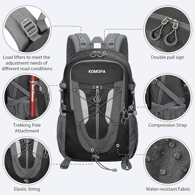 Hiking Backpack 30L Lightweight Travel Daypack Small Day Pack for Men Women Outdoor Camping Backpacking, Black