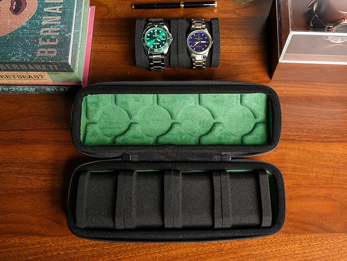 4 slots watch travel case roll, hard watch box storage organizer with soft foam pillows, fit up to 55mm face size watch(green microfiber lining)