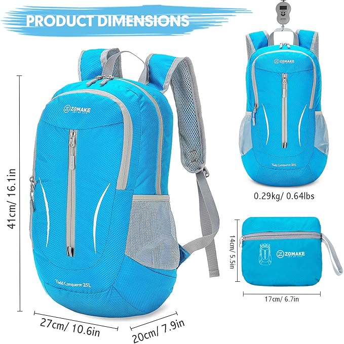 ZOMAKE Ultra Lightweight Packable Backpack 25L, Foldable Hiking Backpacks Water Resistant Small Folding Daypack for Travel(Light Blue)