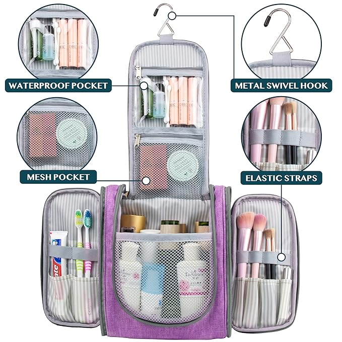 PAVILIA Toiletry Bag Travel Bag for Women Men, Hanging Cosmetic Organizer, Water Resistant Makeup Bag for Accessories Toiletries, Large Travel Essentials Kit (Purple)