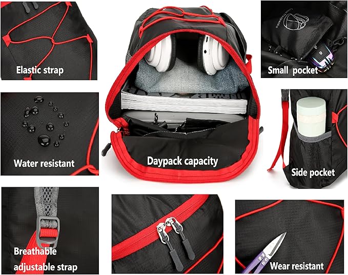 16L Hiking Daypack Lightweight Foldable Travel Backpack Water Repellent Camping Outdoor Packable Easy Carry-on Bag (Black+Red)