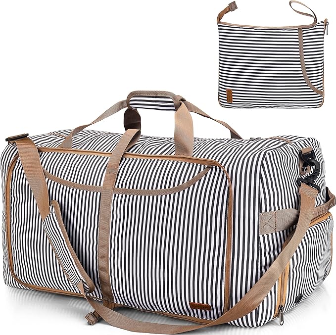 80L Duffle Bag for Travel, Large Foldable Waterproof Travel Duffel Bags Weekender Overnight Bag for Men and Women with Shoe Compartment (Stripe)