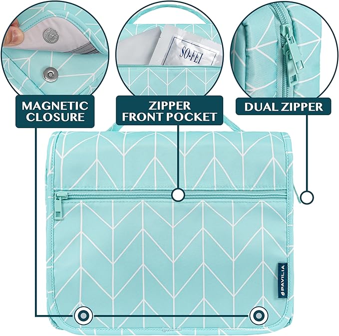 PAVILIA Hanging Toiletry Bag Women Men, Foldable Cosmetic Organizer Travel Bag, Water Resistant Makeup Bag Toiletries, Large Travel Essentials Kit (Teal Chevron)