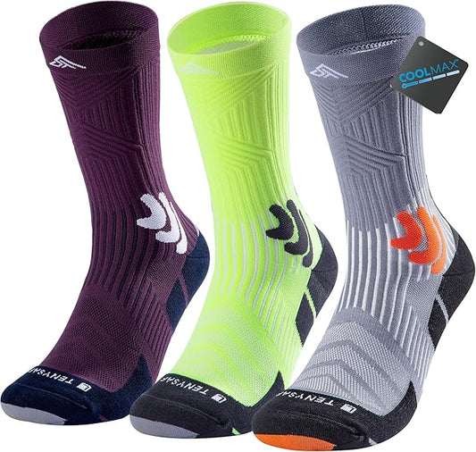 Men's Compression Running Socks: Coolmax Athletic Crew Socks Moisture Wicking Anti-Blister Cushion for Hiking 3 Pairs