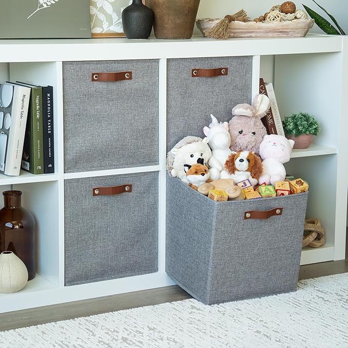 OrganiHaus 13x13 Cube Fabric Storage Bins Set of 4, Fabric Storage Cubes w/ Vegan Handles, 13 inch Collapsible Bins for Clothes & Toy Organizer, Cubbies Organizer, 13x13 Basket for Decor - Grey