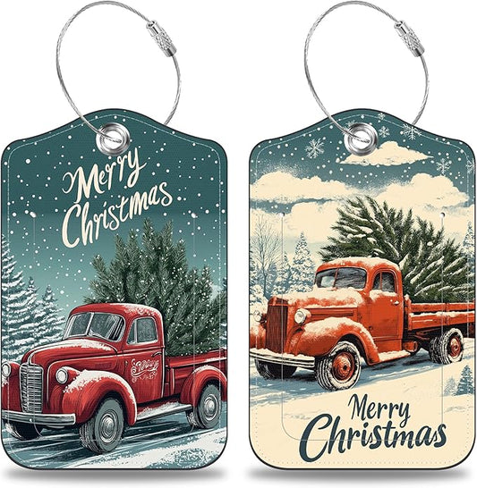 Red Truck Carrying Christmas Tree Set of 2 Luggage Tags for Suitcases Leather Suitcase Tags Identifiers with Privacy Name Label and Stainless Steel Loop for Women Men Travel Luggage Accessories