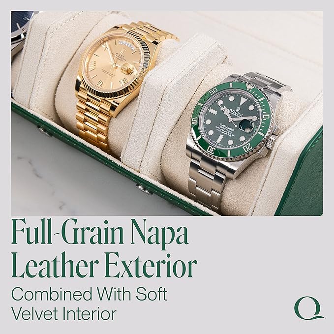 Napa Leather Watch Rolls for Men - Hexagon Triple Watch Roll Travel Case for 3 Watches - Storage Organizer Genuine Leather with Velvet Interior Display (Green/Cream)