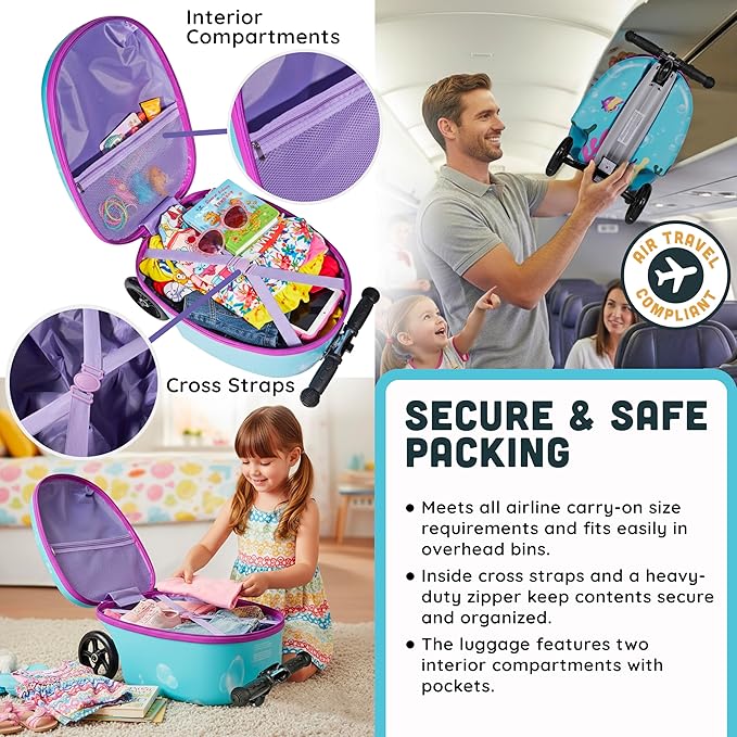 Hardshell Kids Ride-On Luggage with Scooter Suitcase – Carry-On Compliant with LED Light-Up Wheels – Fun and Functional Travel Companion for Children Ages 5–12